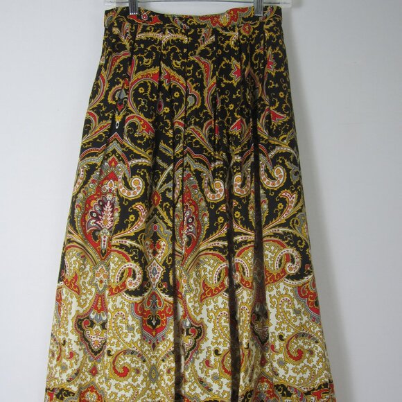 Vtg Susan Bristol Womens XS Red Yellow Paisley Pleated Skirt Wool Rayon Midi - Picture 2 of 8